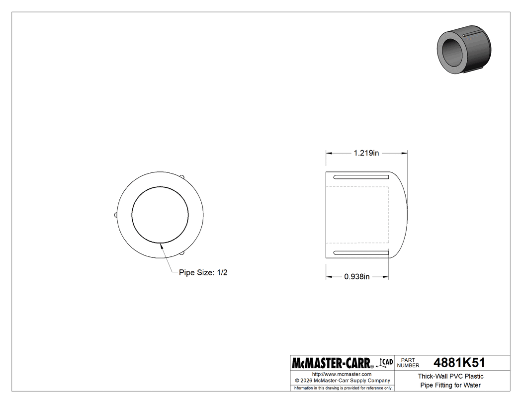 Technical Drawing of Thick-Wall PVC Plastic Pipe Fitting for Water, Cap, 1/2 Pipe Size Socket-Connect Female.